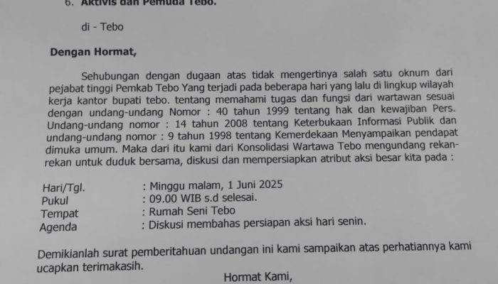 Konsolidasi Wartawan Tebo Resmi Layangkan Surat Aksi ke Polres, Protes Larangan Liputan oleh Plt Sekda