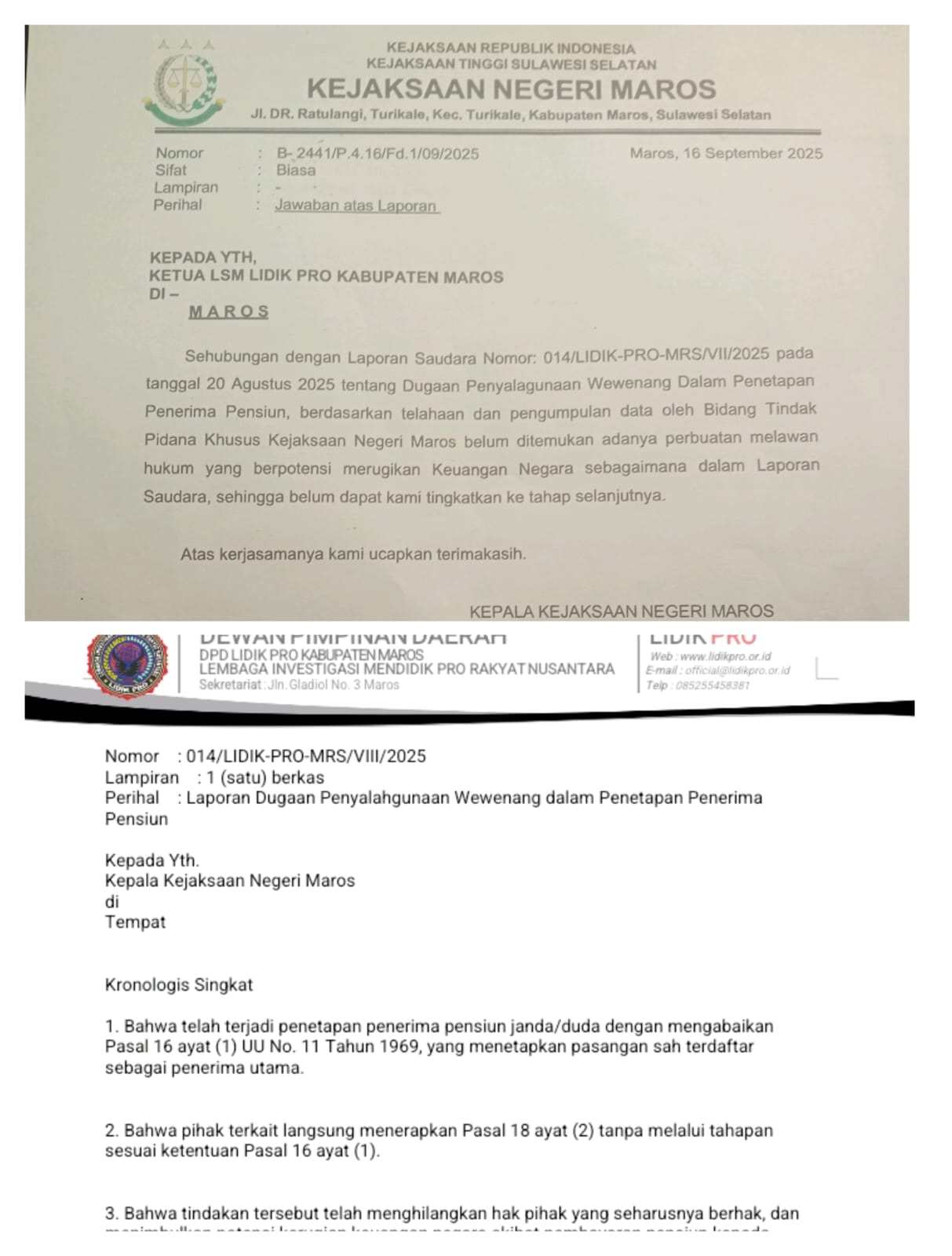 Laporan Dugaan Penyalahgunaan Pensiun: Kejari Hentikan, Lidik Pro Tak Akan Tinggal Diam